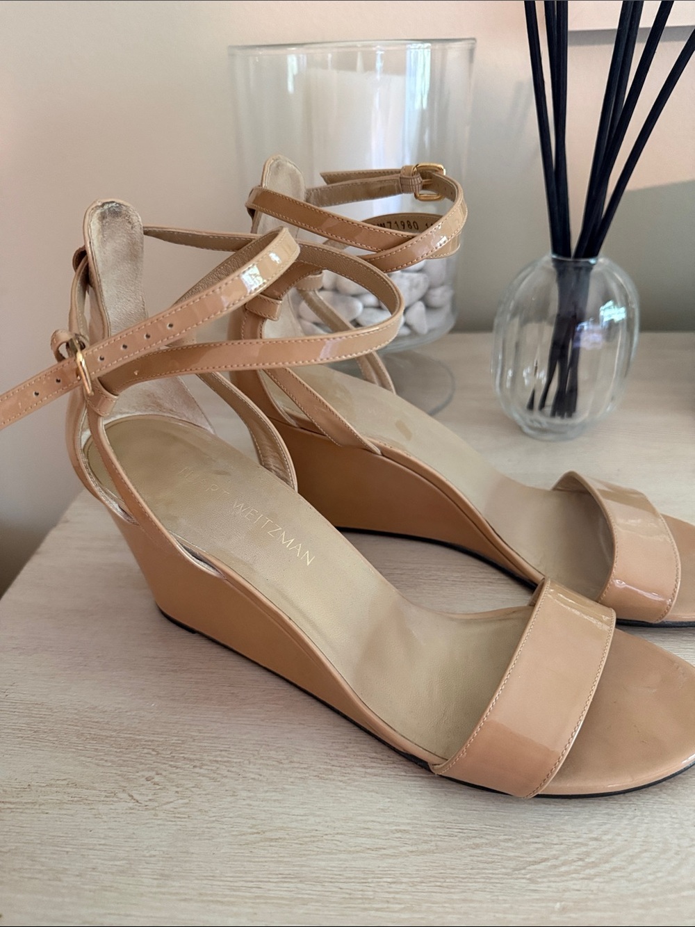 Stuart Weitzman Patent Leather Nude/Tan Ankle-Strap Wedge Sandals